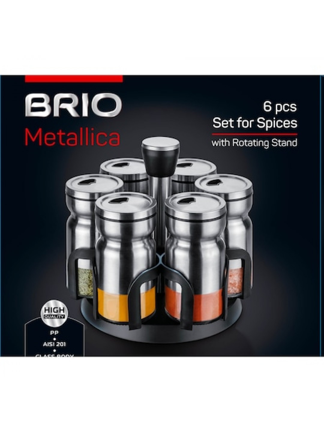 BRIO Metallica - Сет 6бр Буркани за подправки с иноксов калъф 150мл на въртяща стойка