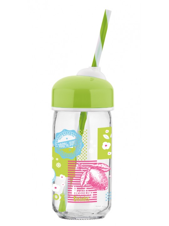 M-182027-Стъклена бутилка със сламка и декор "Bubble" 370ml. M-182027-Стъклена бутилка със сламка и декор "Bubble" 370ml.
