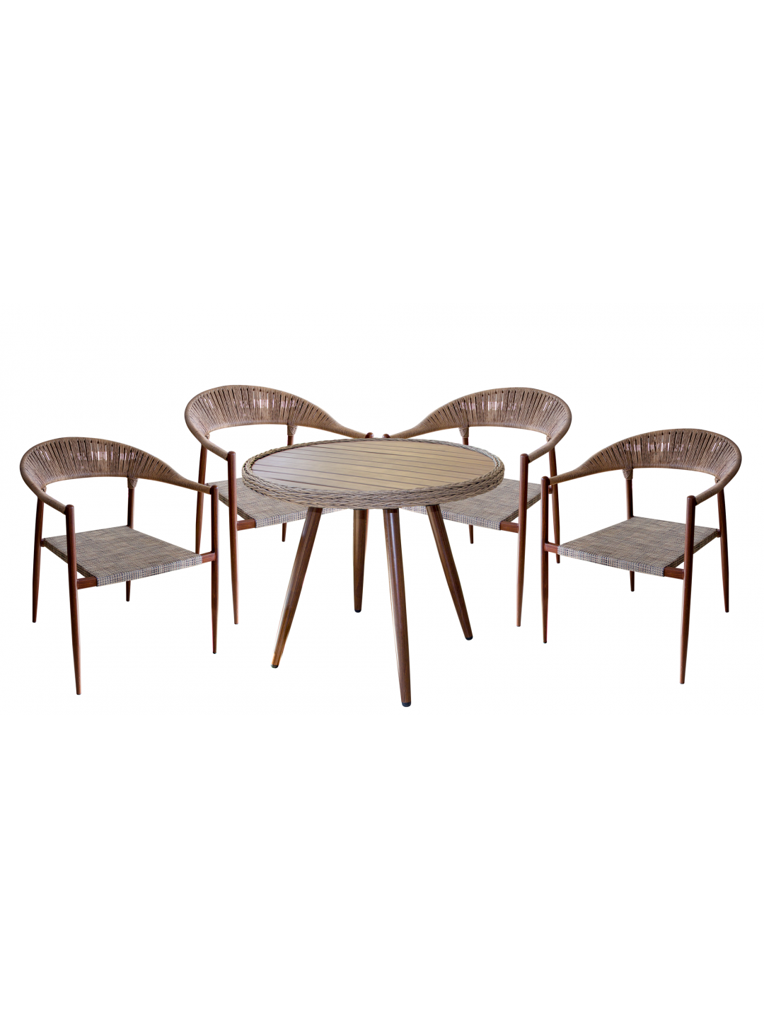 PLASTIC WOOD NATURAL-Бистро сет от кръгла маса 90xh75cm и 4 стола с текстилен 62x65xh79cm (RT-573 + RC-387)