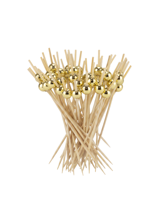 HORECANO-Бамбуково шишче за хапки със златно топче 12cm 50бр (HC-982146) 253406-1